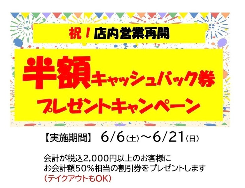 【ビール工房全店実施】6/6(土)～6/21(日) 　 「半額キャッシュバック券　プレゼントキャンペーン！」